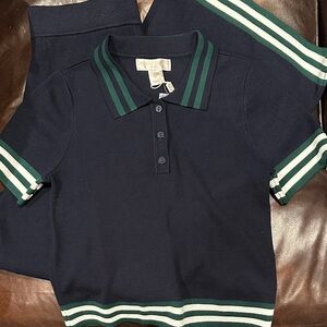 Caroline Constas Navy Polo Knit Set with Green and White Stripes